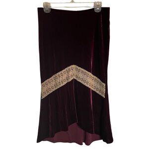 Vixen Burgundy Asymmetrical Velvet Skirt with Gold Lace Size Large vintage y2k